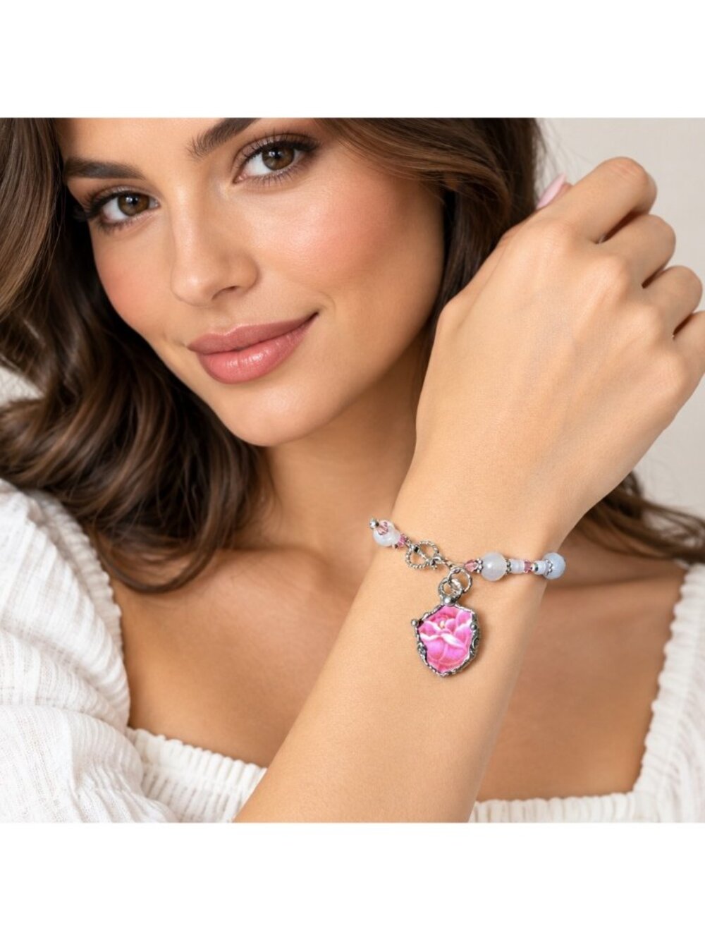 Vintage Pink Rose Quartz Bracelet Broken China Charm Cabochon - Picture 7 of 11